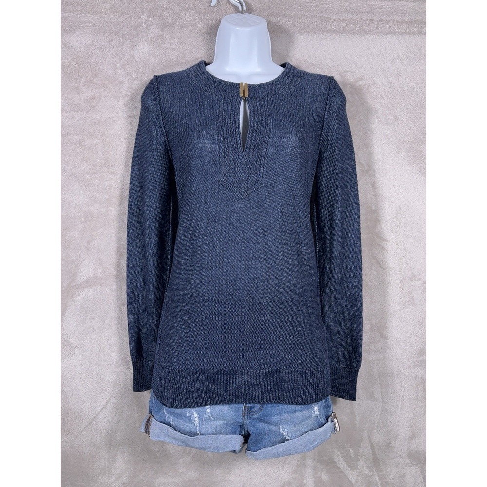 Tory Burch Orrin Linen Tunic Sweater Womens XS Blue Keyhole Lightweight
